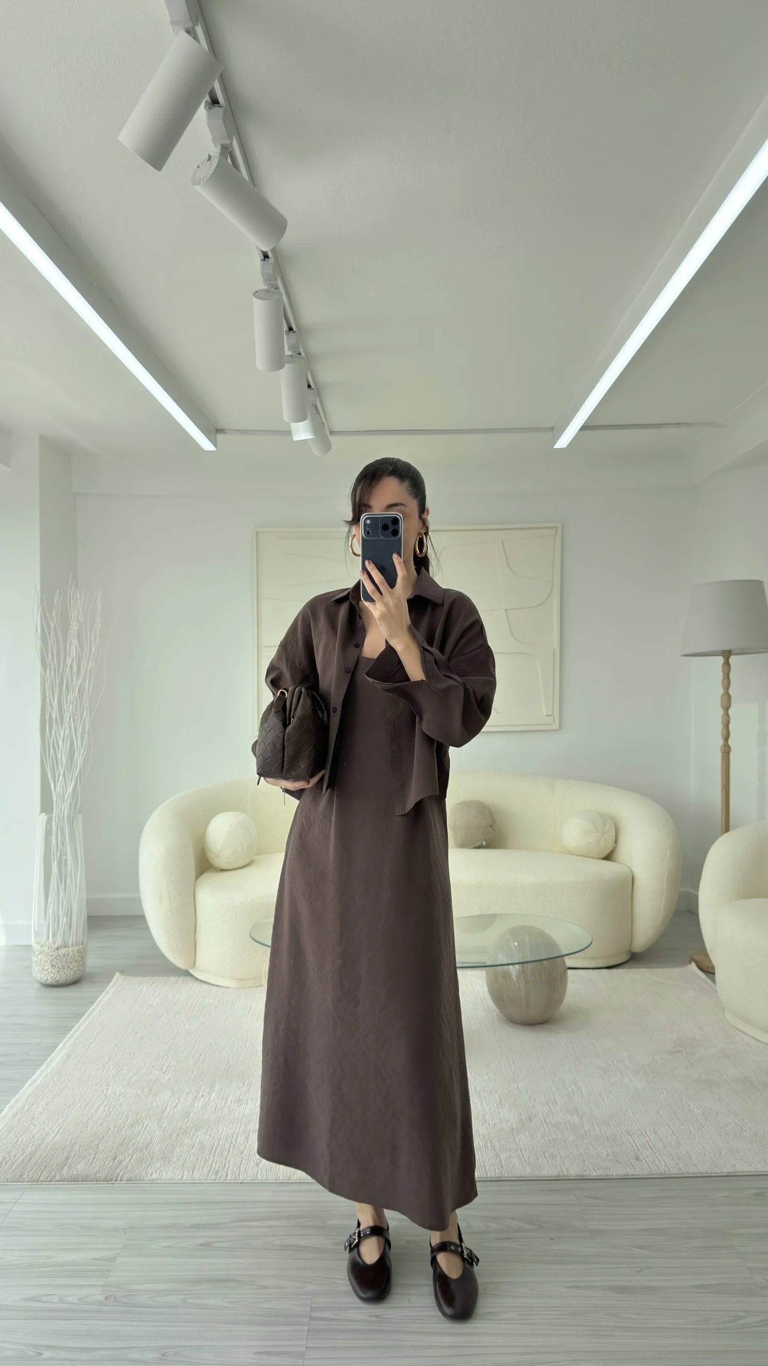 طقم قميص مع فستان بني - KP1305