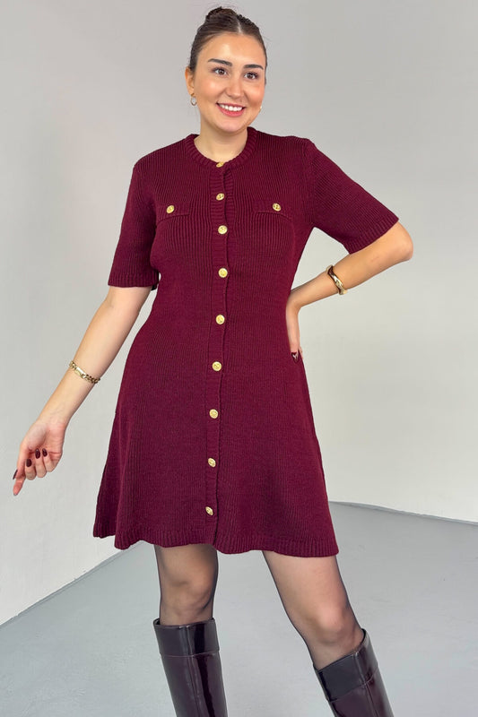 فستان خمري بأزرار ذهبية - KP2228