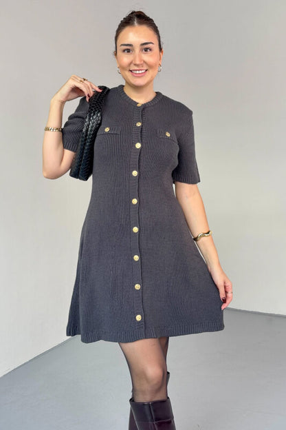 فستان رمادي بأزرار ذهبية - KP2228