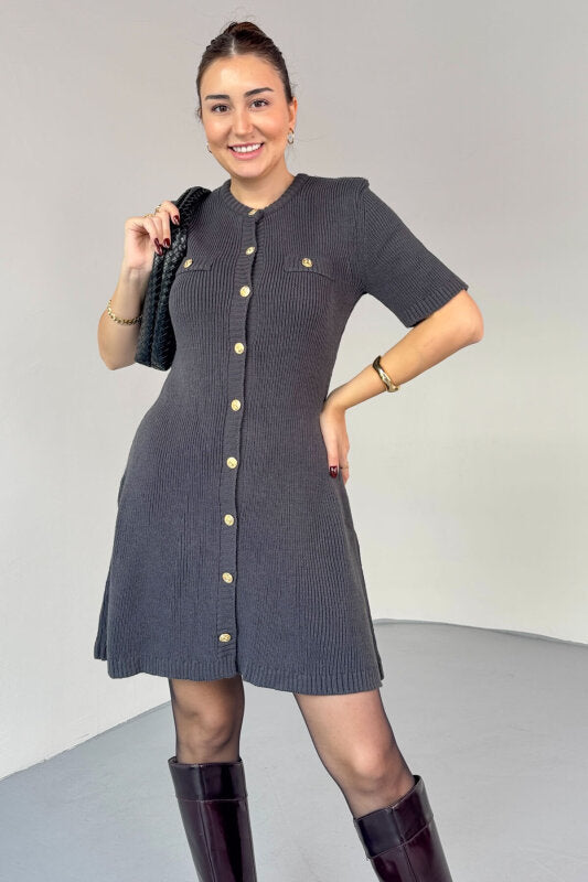 فستان رمادي بأزرار ذهبية - KP2228