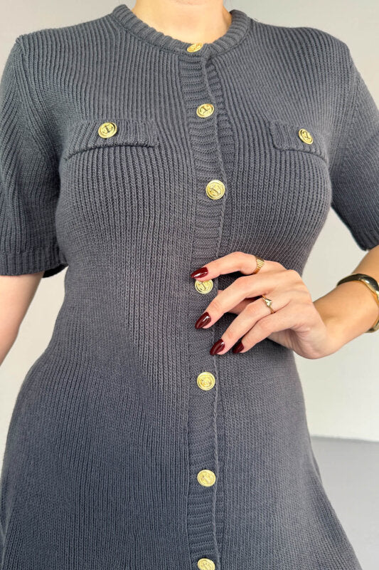 فستان رمادي بأزرار ذهبية - KP2228