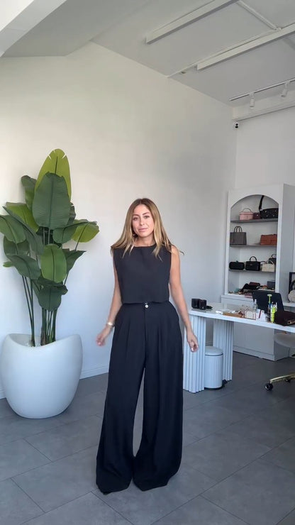 طقم اسود بلوزة بأزرار مع بنطلون - KP1343