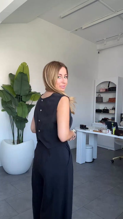 طقم اسود بلوزة بأزرار مع بنطلون - KP1343