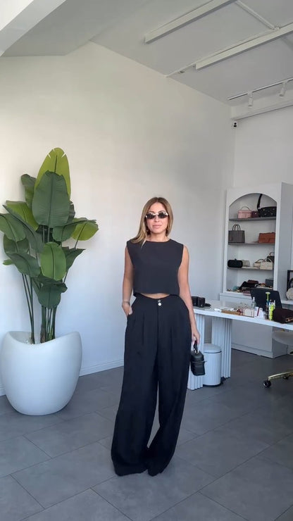 طقم اسود بلوزة بأزرار مع بنطلون - KP1343