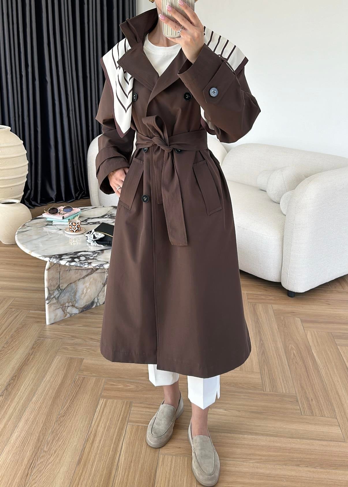 جكيت ترنش بني مع شال - KP7087