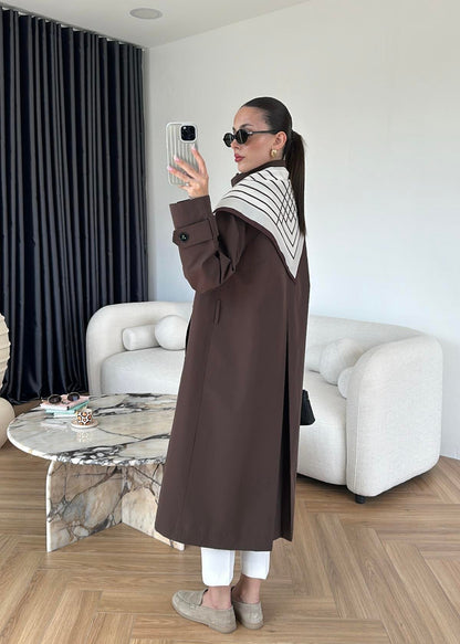 جكيت ترنش بني مع شال - KP7087