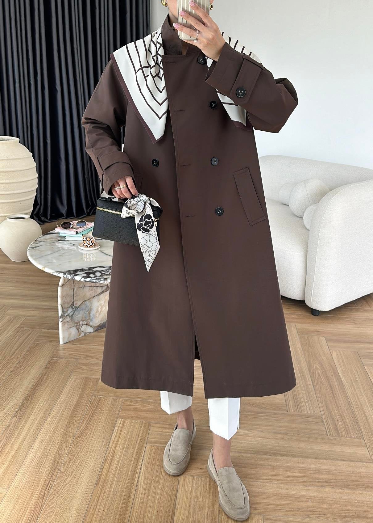 جكيت ترنش بني مع شال - KP7087