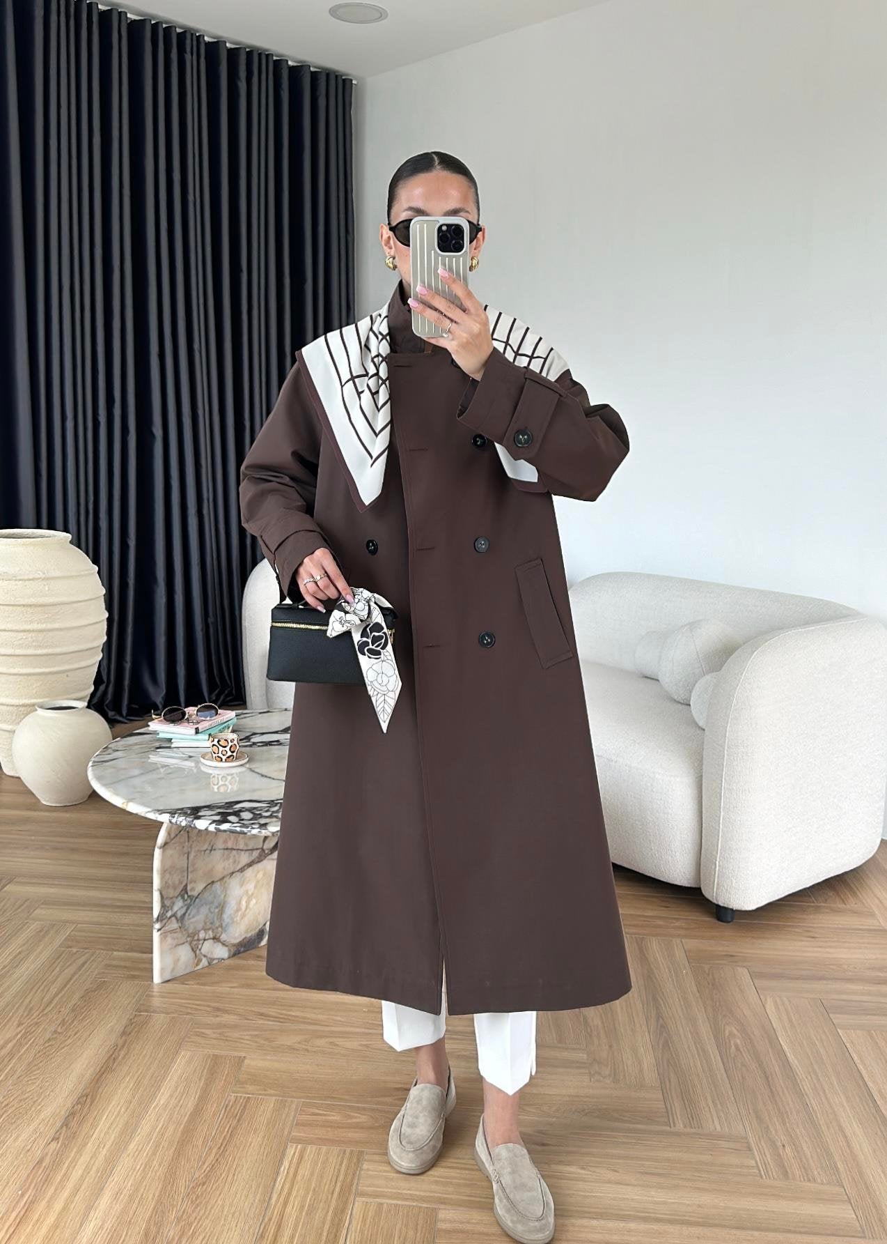 جكيت ترنش بني مع شال - KP7087