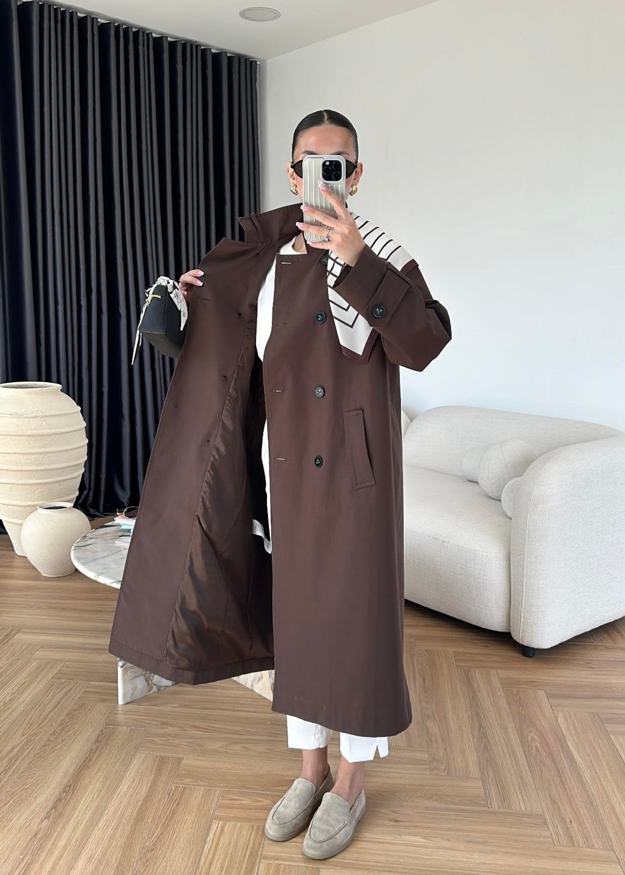 جكيت ترنش بني مع شال - KP7087