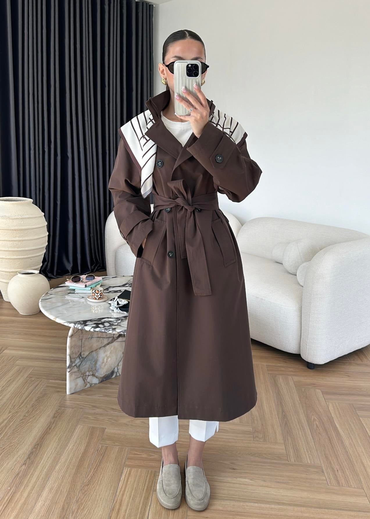 جكيت ترنش بني مع شال - KP7087