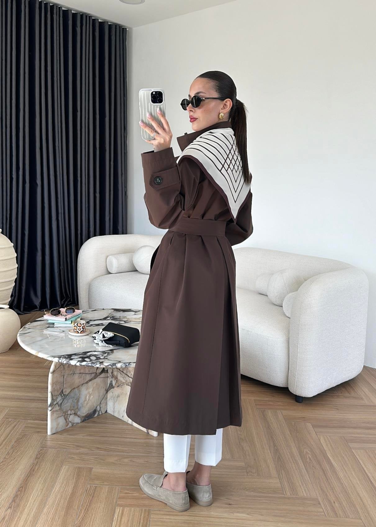 جكيت ترنش بني مع شال - KP7087