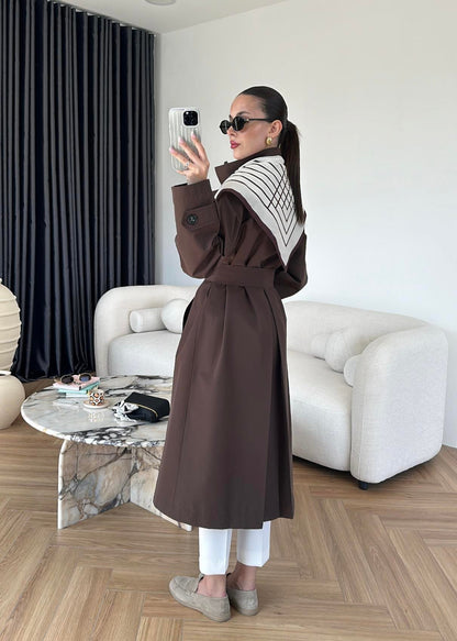 جكيت ترنش بني مع شال - KP7087