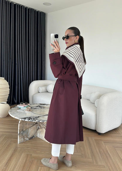 جكيت ترنش خمري مع شال - KP7087