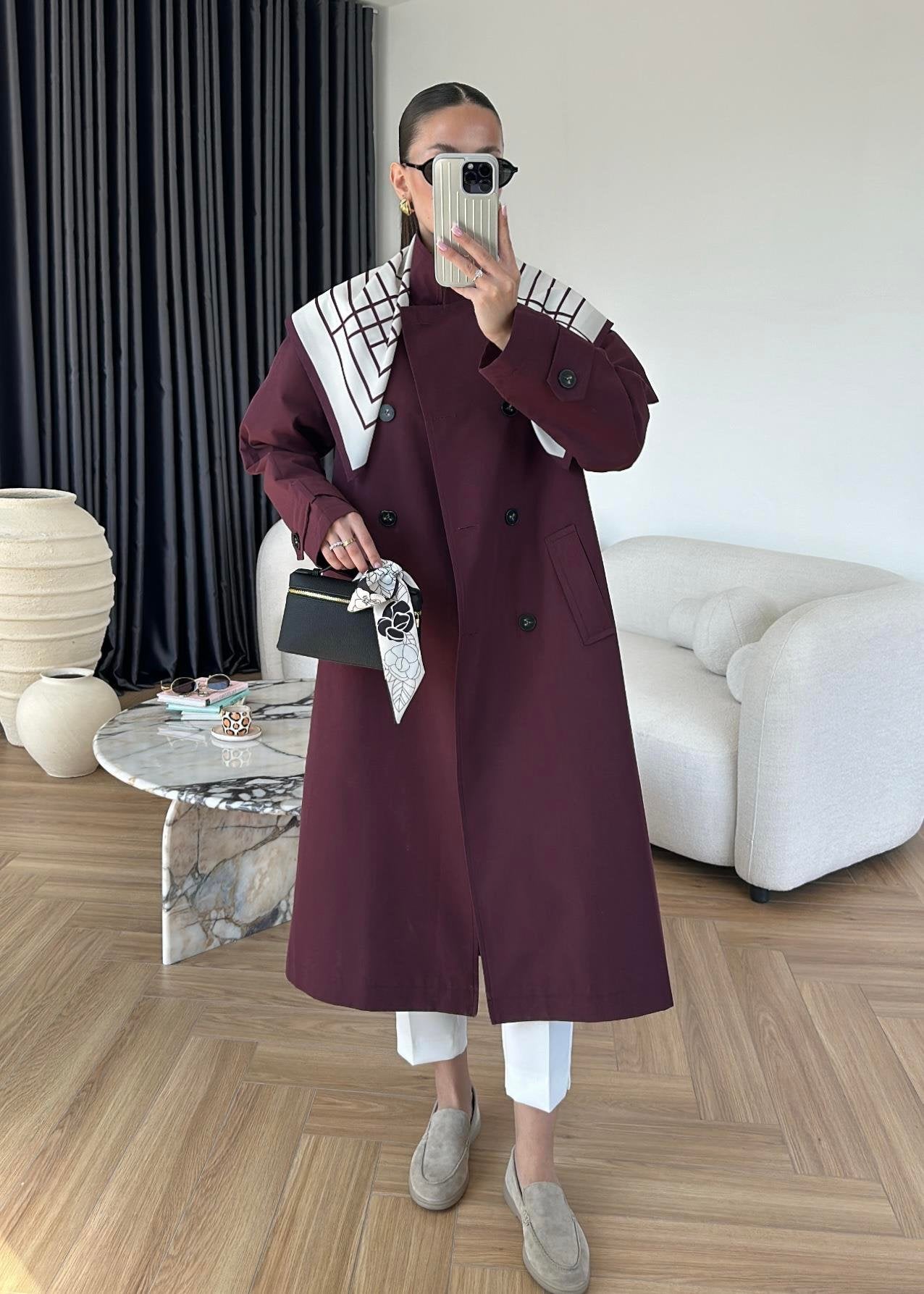 جكيت ترنش خمري مع شال - KP7087