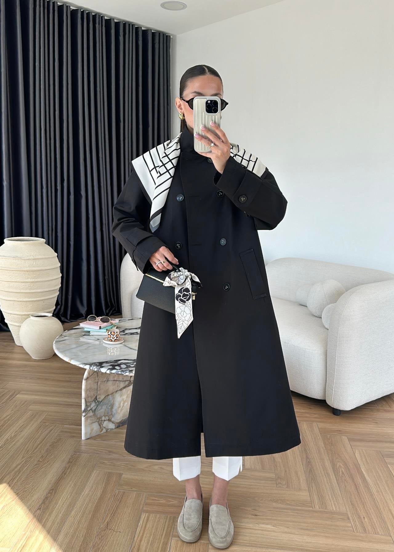 جكيت ترنش اسود مع شال - KP7087