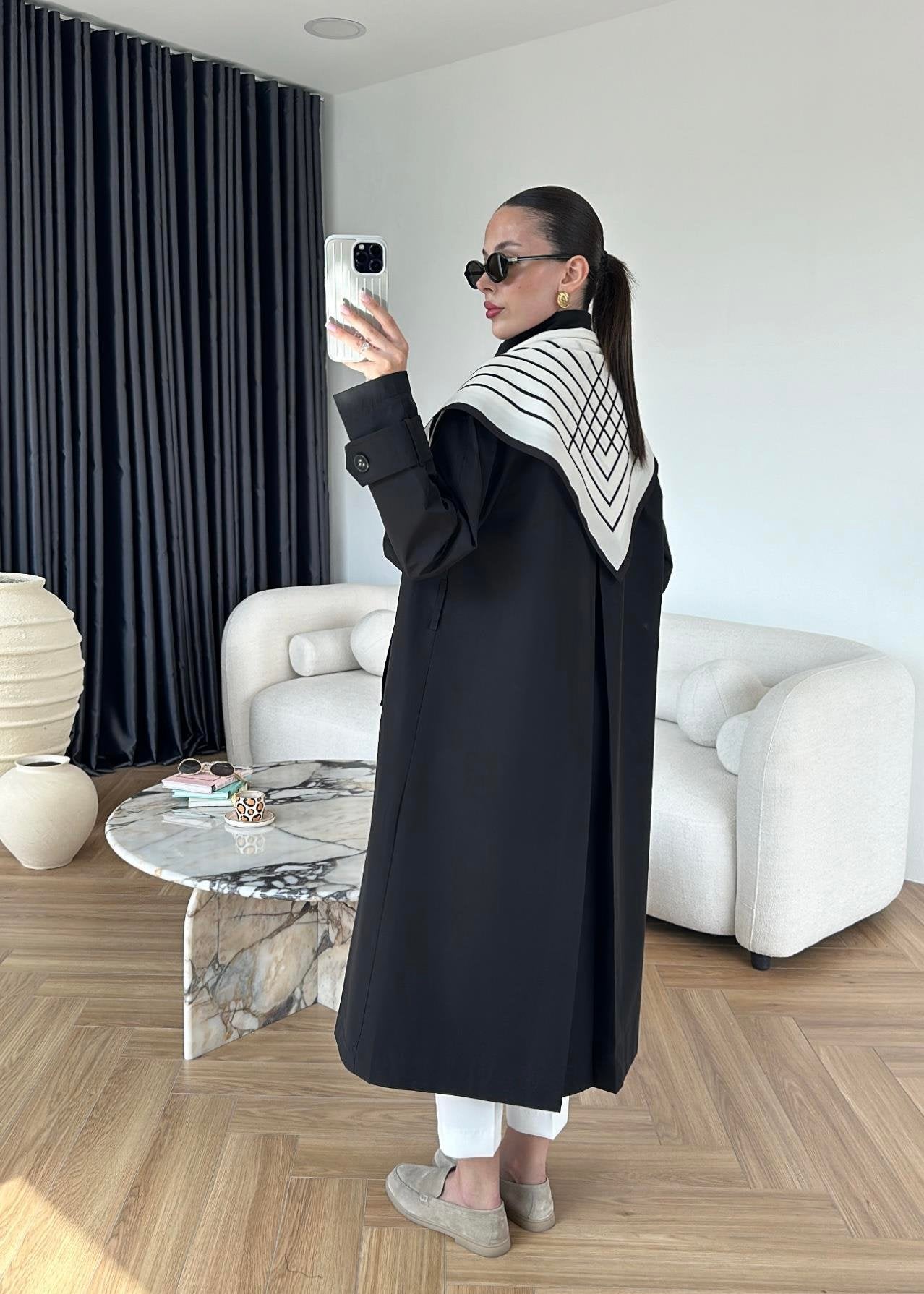 جكيت ترنش اسود مع شال - KP7087