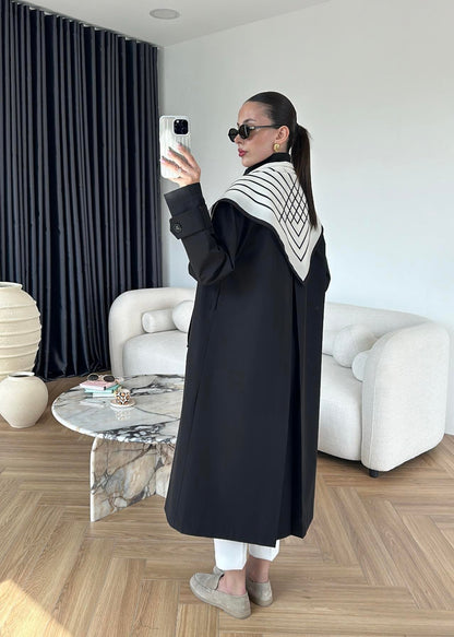 جكيت ترنش اسود مع شال - KP7087