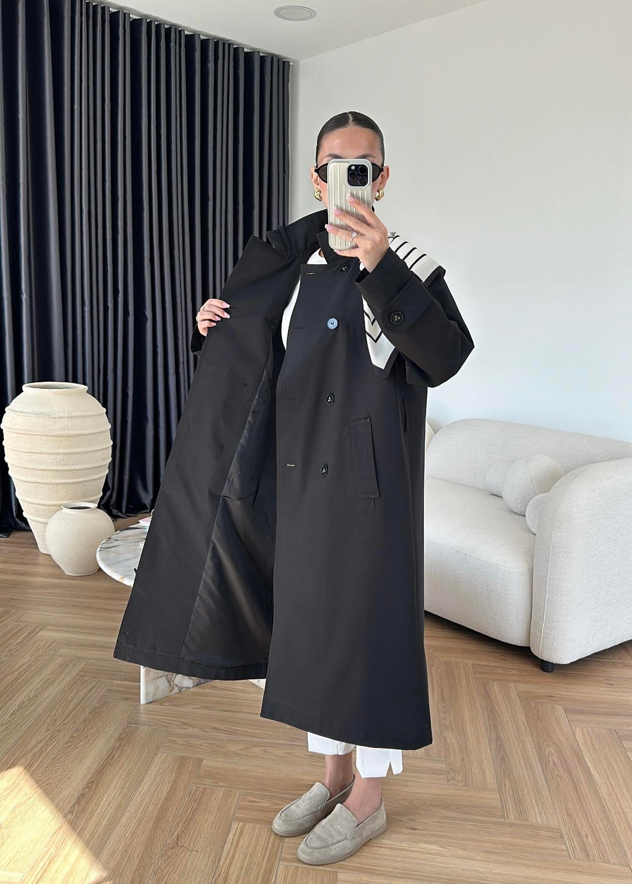 جكيت ترنش اسود مع شال - KP7087