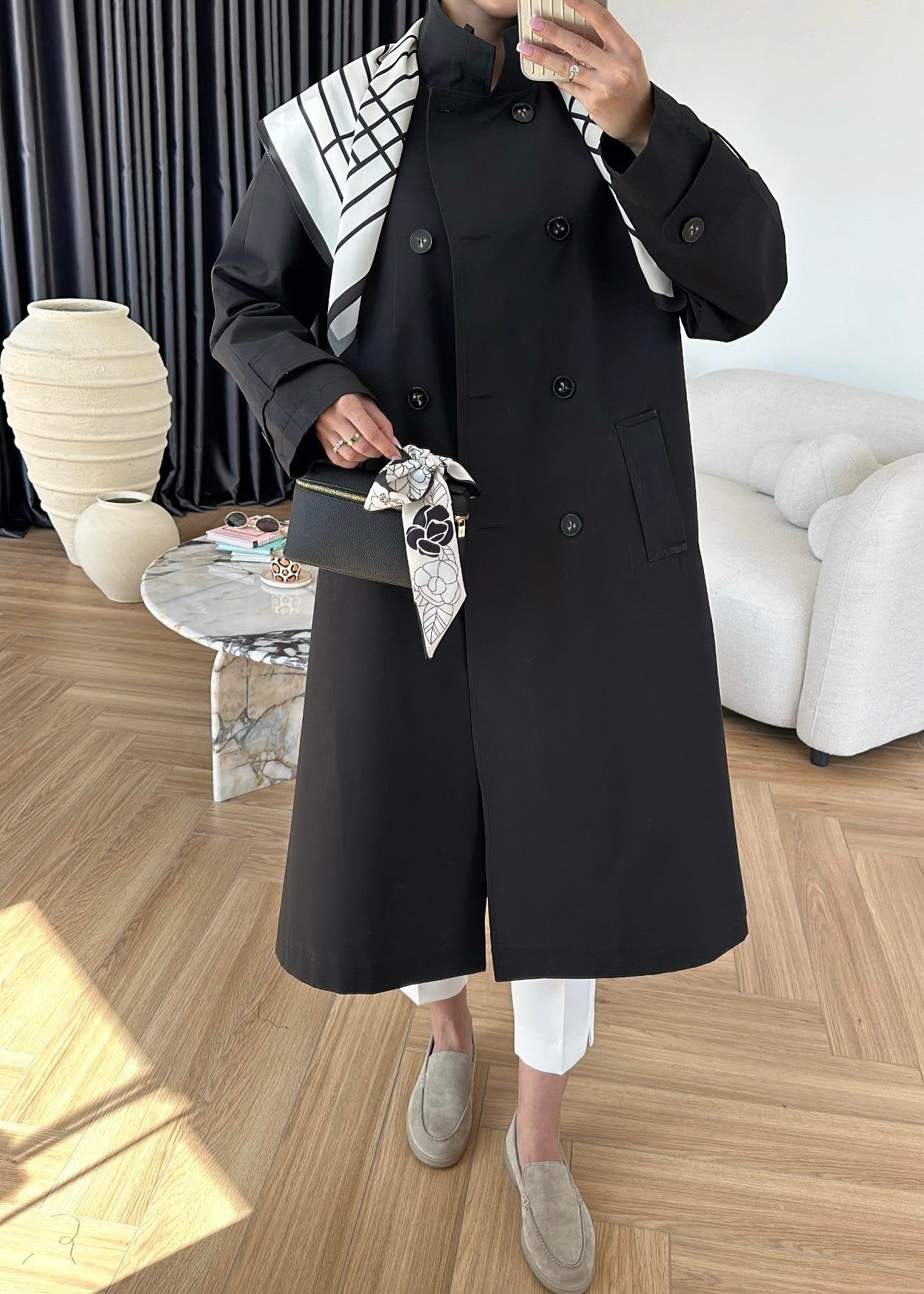 جكيت ترنش اسود مع شال - KP7087