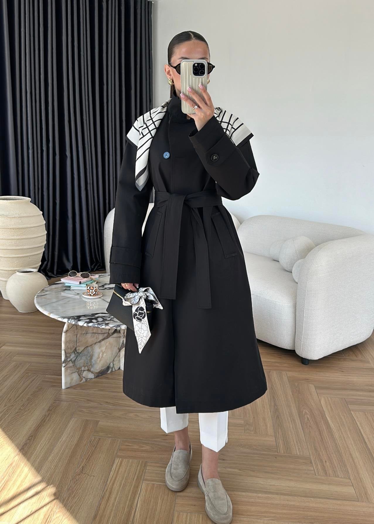 جكيت ترنش اسود مع شال - KP7087