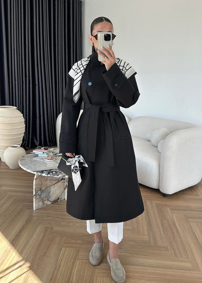 جكيت ترنش اسود مع شال - KP7087