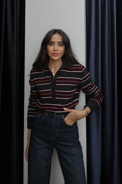 بلوزة مخططة رمادي وخمري - KP4355