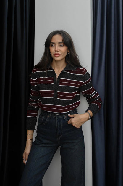 بلوزة مخططة رمادي وخمري - KP4355