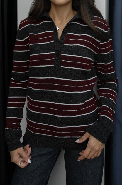 بلوزة مخططة رمادي وخمري - KP4355