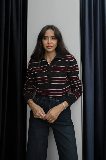 بلوزة مخططة رمادي وخمري - KP4355