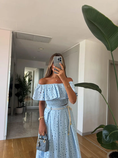 طقم بلوزة مع تنورة مخرم ازرق - KP1330