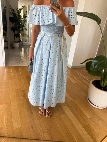 طقم بلوزة مع تنورة مخرم ازرق - KP1330