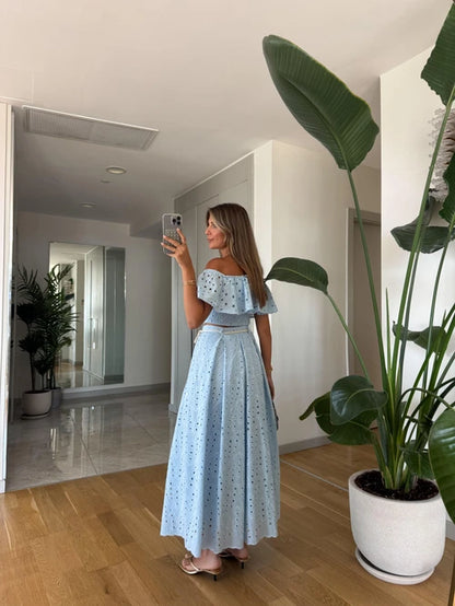 طقم بلوزة مع تنورة مخرم ازرق - KP1330