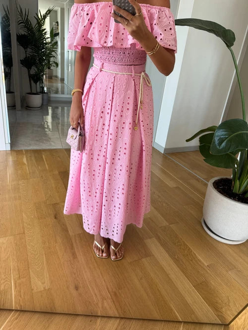 طقم بلوزة مع تنورة مخرم زهري - KP1330