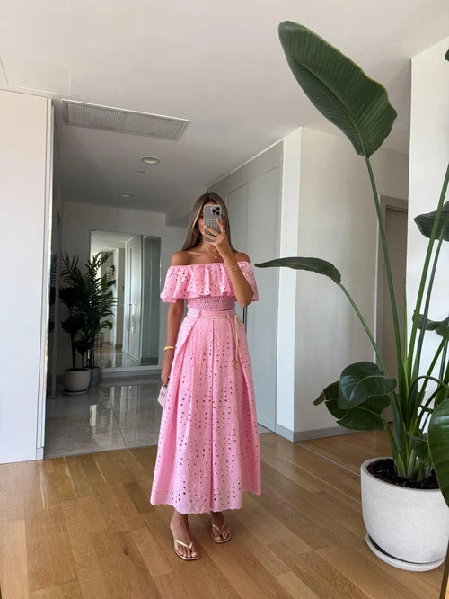 طقم بلوزة مع تنورة مخرم زهري - KP1330