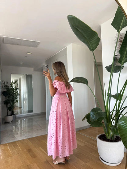 طقم بلوزة مع تنورة مخرم زهري - KP1330