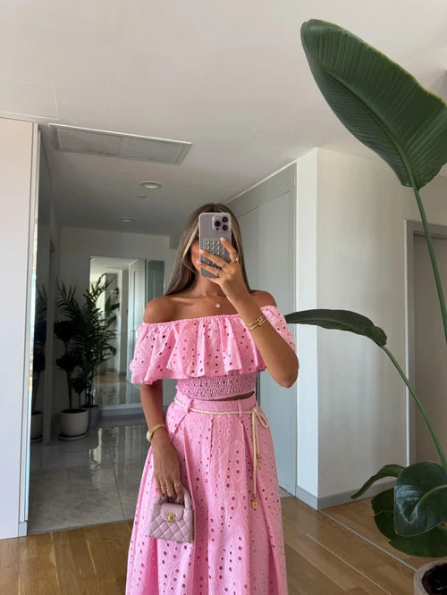 طقم بلوزة مع تنورة مخرم زهري - KP1330