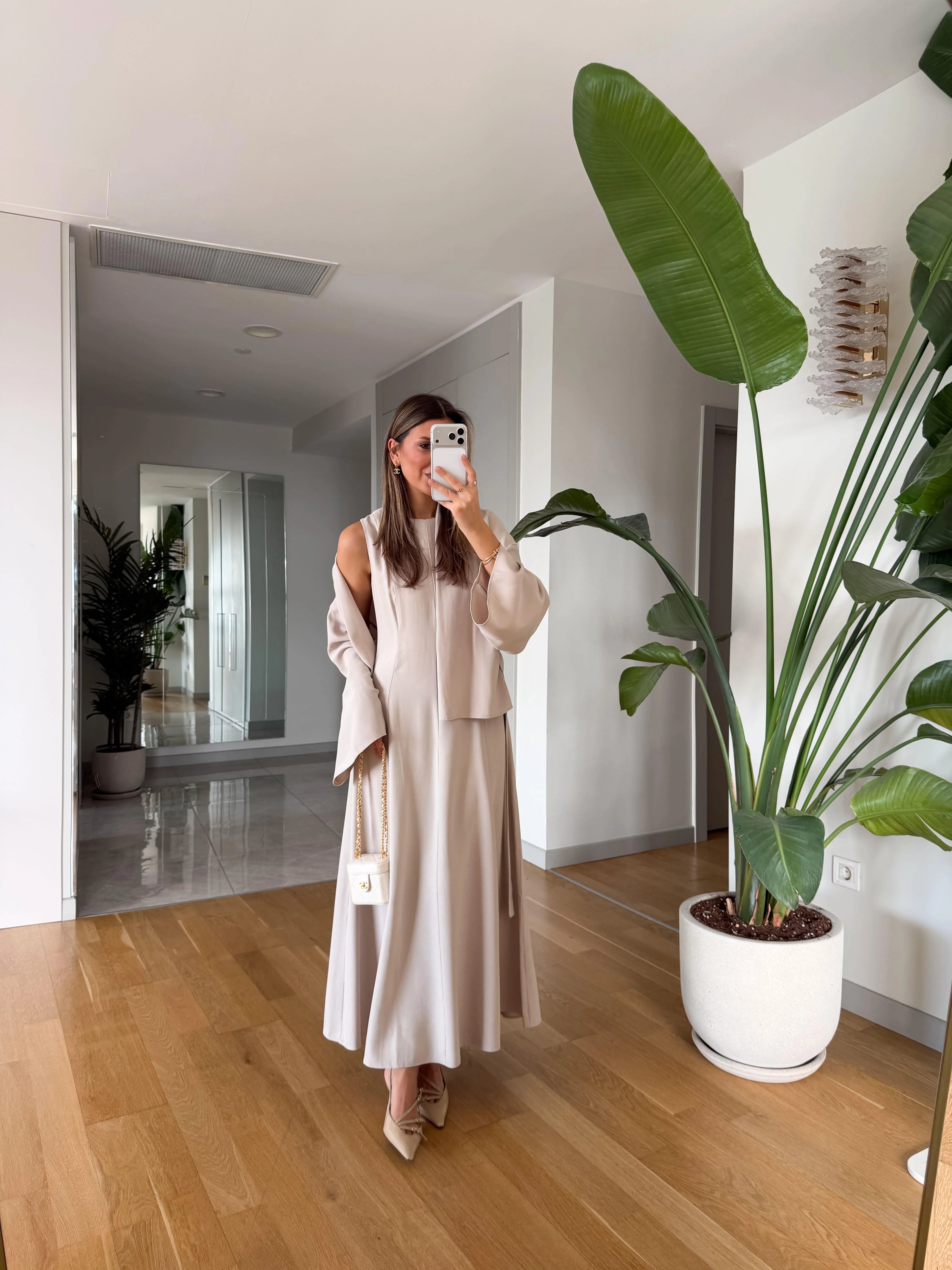 طقم فستان مع كيمونو بحزام بيج - KP1545
