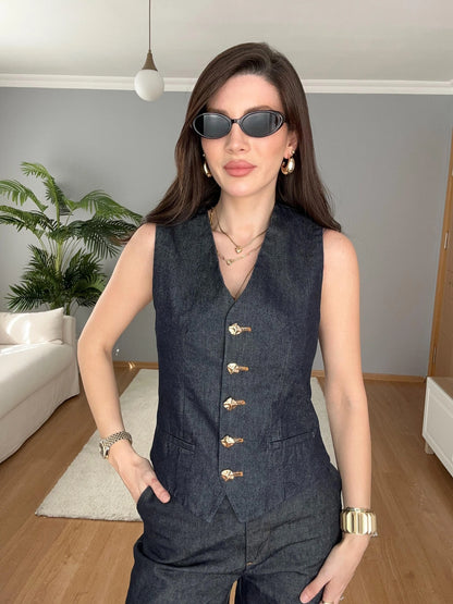 طقم جينز ڤيست مع بنطلون - KP1371