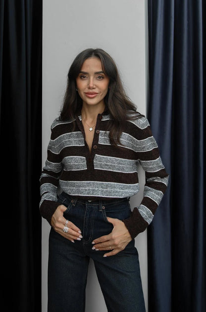 بلوزة مخططة بني وسكني - KP4355