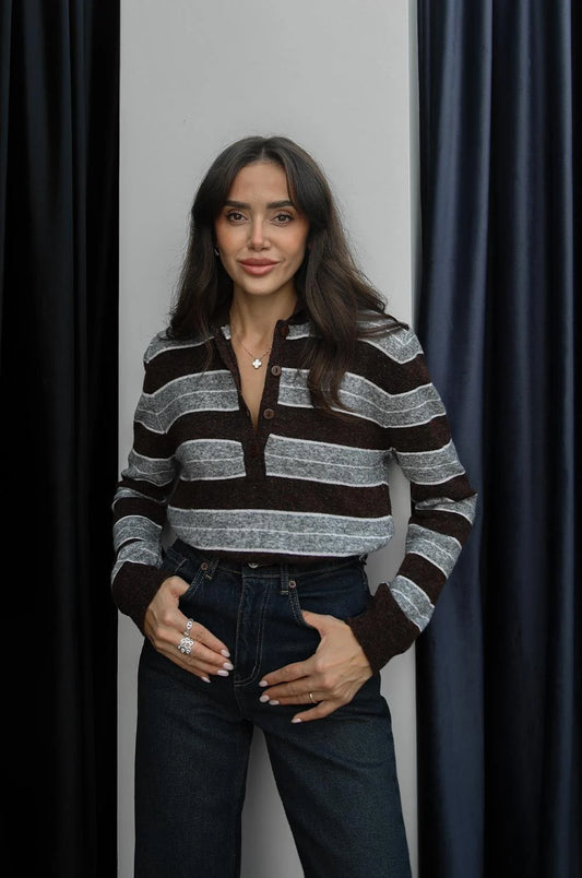 بلوزة مخططة بني وسكني - KP4355