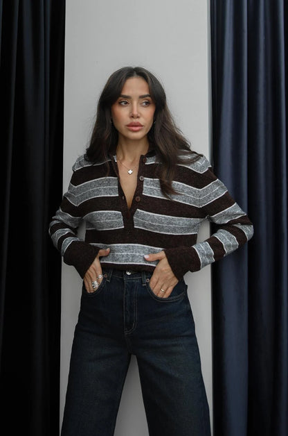 بلوزة مخططة بني وسكني - KP4355