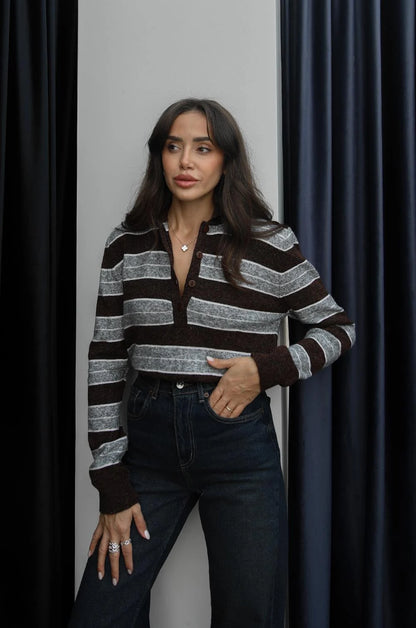 بلوزة مخططة بني وسكني - KP4355