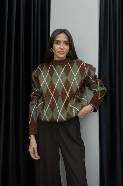 بلوزة اخضر وبني - KP4303