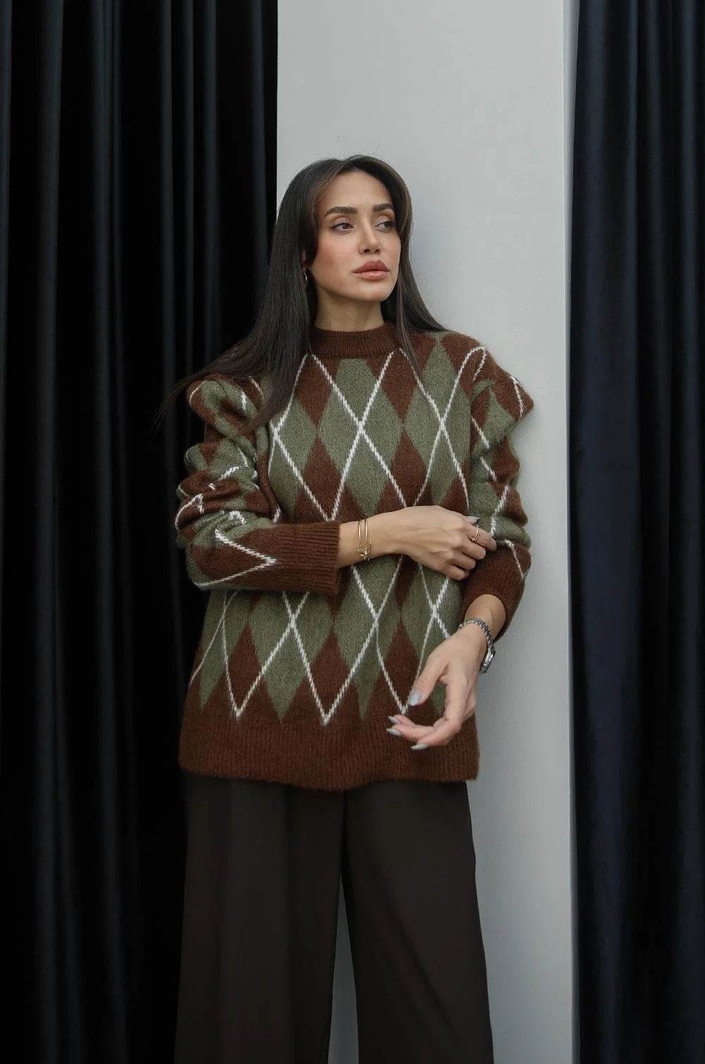 بلوزة اخضر وبني - KP4303