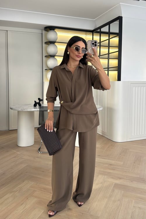 طقم قميص مع بنطلون زيتي Zara - KP1392