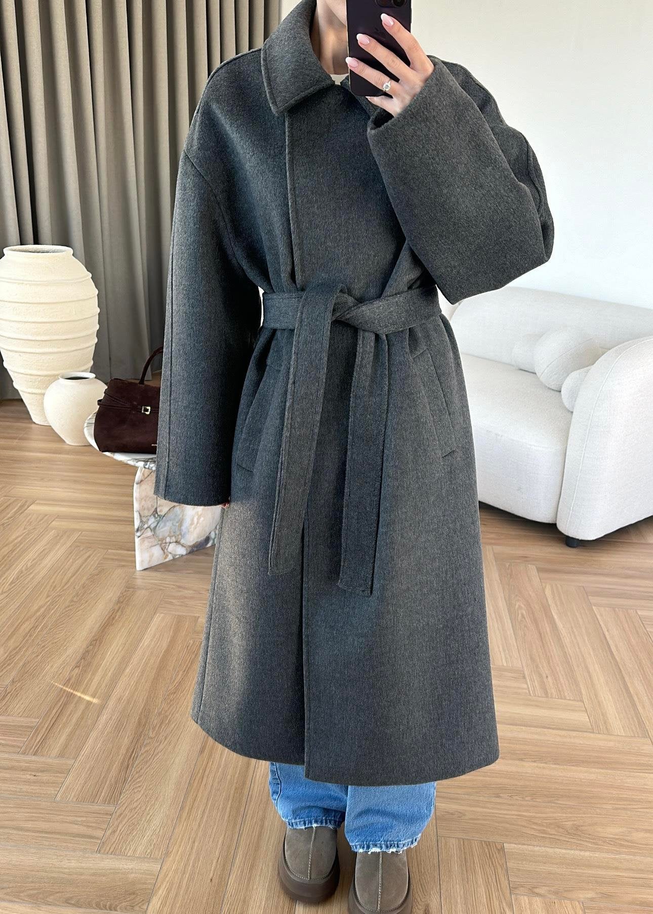 جكيت رمادي طويل بحزام - KP7188