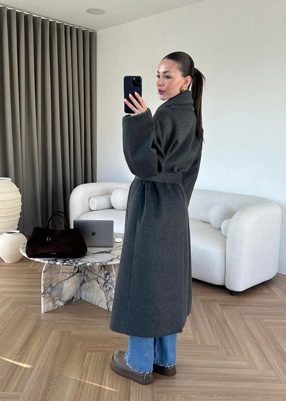 جكيت رمادي طويل بحزام - KP7188