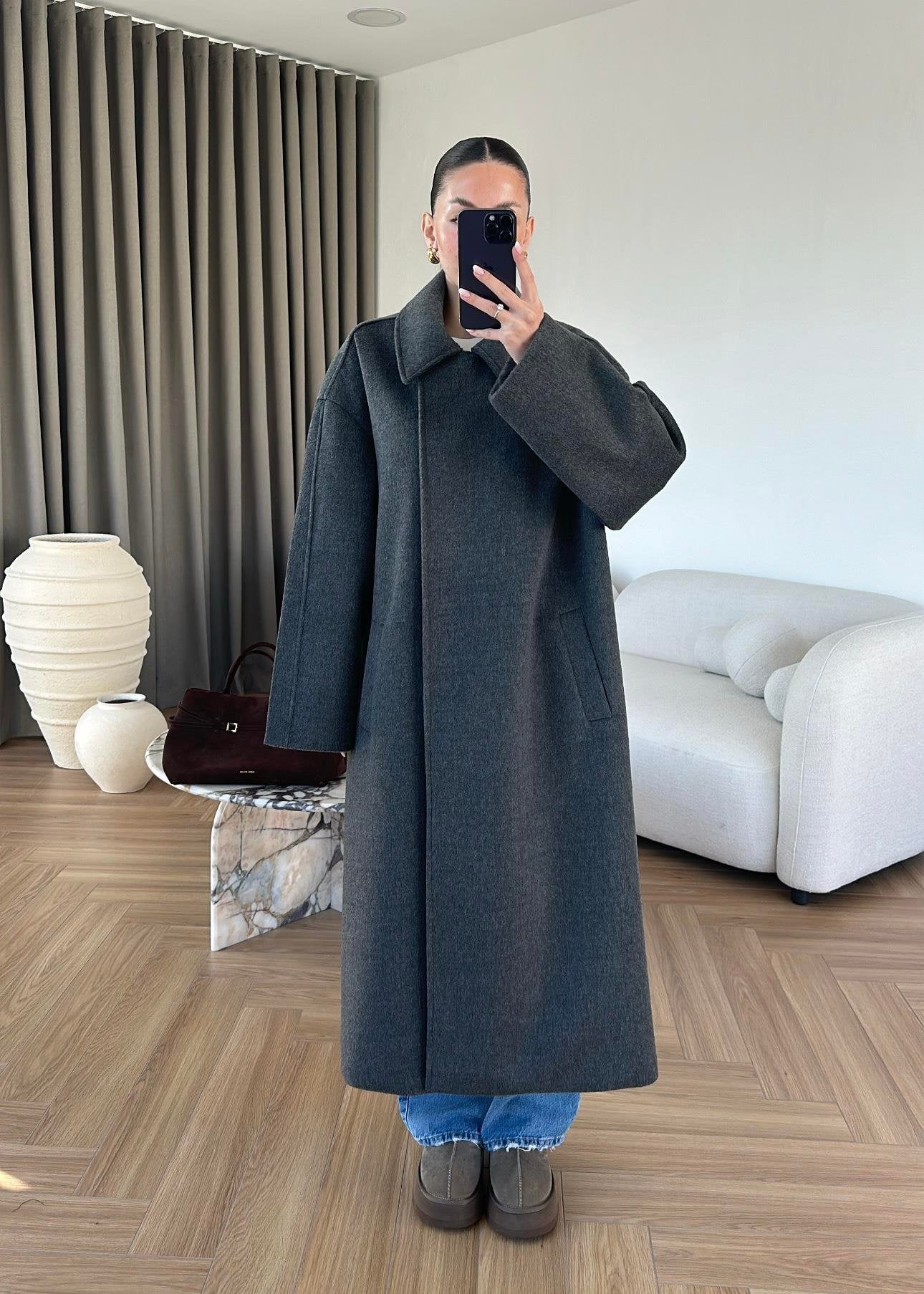 جكيت رمادي طويل بحزام - KP7188