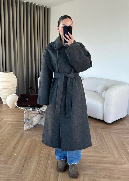 جكيت رمادي طويل بحزام - KP7188