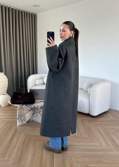 جكيت رمادي طويل بحزام - KP7188